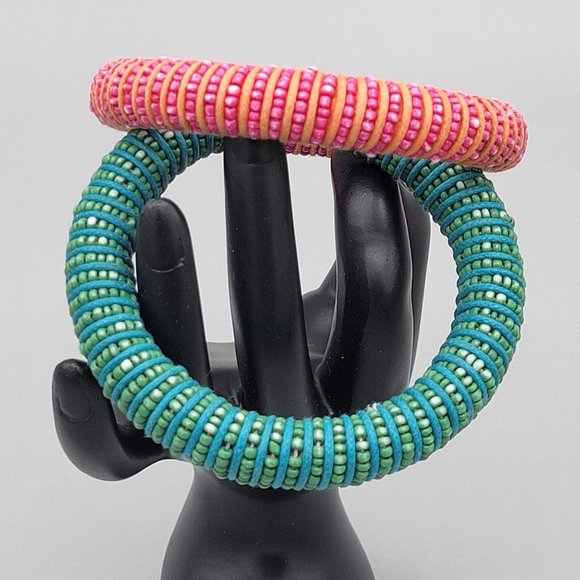 Micro Beaded Bangle Bracelets Set of 2 Slip On Pink Blue Green Handmade - Picture 3 of 7